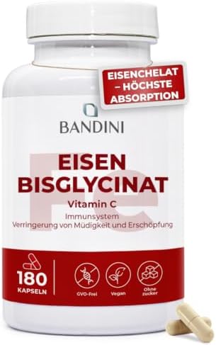 Bandini® Eisen-Bisglycinat | 180 VEGAN Eisentabletten | 80 mg natürliches Vitamin C aus Acerola + 80 mg Eisen-Bisglycinat | hoch bioverfügbar | 1 Kapsel/Tag für 6 Monate Versorgung