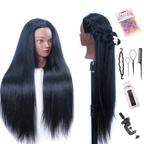 Mannequin Head with Hair 26' mannequin doll head styling manikin head Cosmetology Doll Head Multicolored Synthetic Fiber Hair Table Clamp Stand Included)(black YK)
