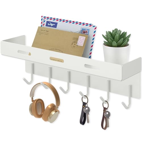 Nekon Key Holder Wall Mount, 9.6 Inch Self Adhesive Key Hanger with 6 Hooks, Metal Mail Organizer with Tray for Hallway Kitchen Farmhouse Decor (White)