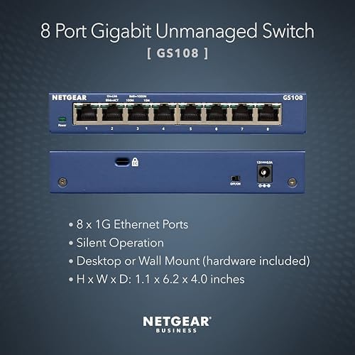 NETGEAR 8-Port Gigabit Ethernet Unmanaged Switch (GS108) - Desktop or Wall Mount