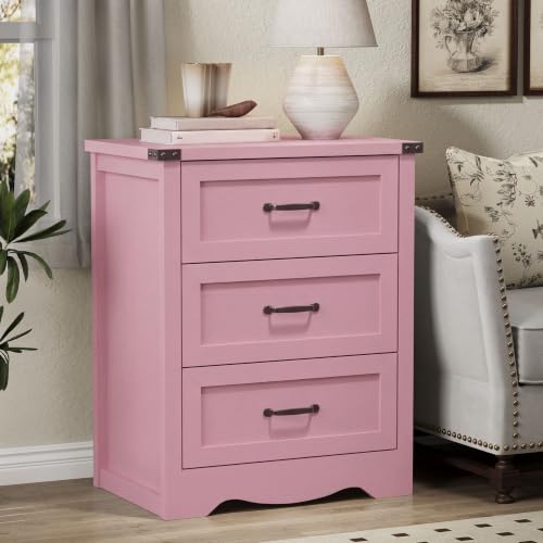 Image of Xixini Nightstand Set of 2 with 3 Storage Drawers, Tall Side Table, Pink
