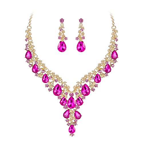 Clearine Parure Bijoux Femme Mariage Cristal Strass Multi Fleurs Gouttes d'eau Collier et Boucles d'oreilles Fuchsia Ton d'or