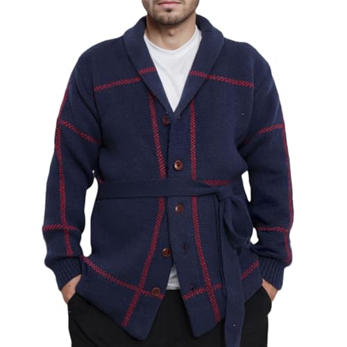 Men's Cardigan Sweaters Fall Lapel Cable Heavy Weight Knitwear Button Down Shawl Collar Outwear With Belts