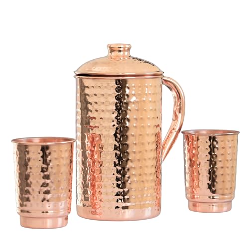 Image of COPPAYA Pure Copper Ayurveda Pitcher and Tumbler Set | Hammered Design Jug with 2 Tumblers | 1.5 Litre Water Pitcher & 350ml Cups | Traditional Copper Drinkware | Made in India