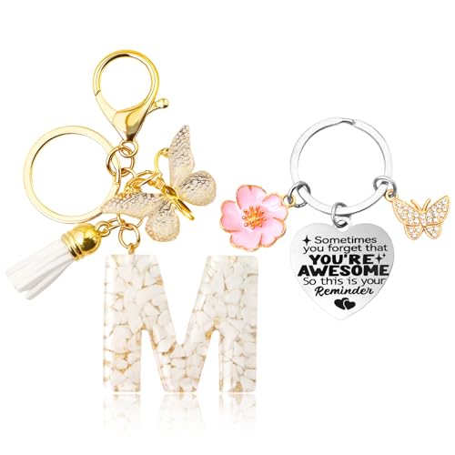 Molirex Porte Clé Lettre avec Papillon et Pampille Pendentif, Porte Clef Coeur avec Papillon et Fleur Pendentif, pour Sac à main Portefeuille Sac à Dos, Cadeau pour Femme et Fille, M