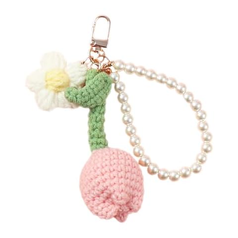 BYVUTE Crochet Tulip Keychain, Elegant Weaving Flower Charms with Pearl Chain Accessory, Handmade Woven Keyring Creative Gift (Pink) Cover