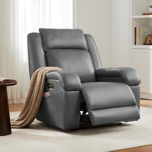 Image of SITJOY Pet Friendly Leather Power Recliner Chair, Zero Wall Hugger RV Recliners with Power Headrest, Charging Ports, Side Pockets, Down-Filled, Scratch Resistant Waterproof Faux Leather in Gray