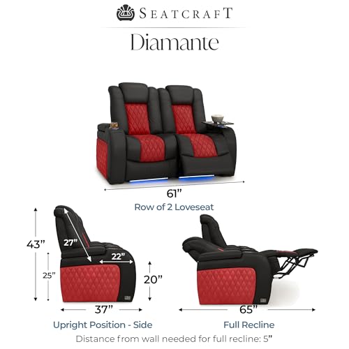 Image of Seatcraft Diamante Black /Red Italian Leather Home Theater Seating, Zero Gravity Power Recliner, Gaming and Home Office Chair, Powered Headrest Furniture for Cinema Room, Row of 2 Loveseats