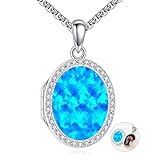 YAFEINI Silver Locket Necklace 925 Sterling Silver Blue Opal Locket Necklace Memorial Jewelry Gifts for Women Mom Wife