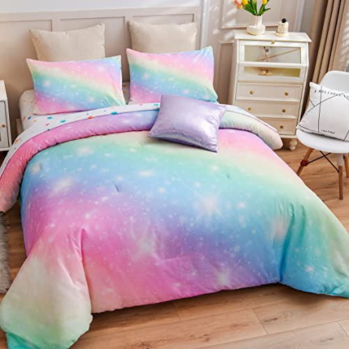 Btargot Super Soft 6 Pieces Gradient Star Sky Comforter Set, Colorful Rainbow Star Pattern Bedding Set For Boys Girls Teens, Full Pink Green #TOP8