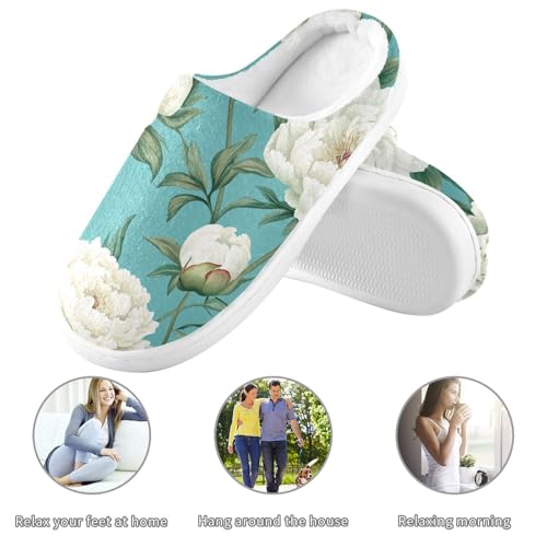 JUNZAN Art Peonies Turquoise Women Cotton Slippers Winter Memory Foam Mens Slippers for Spa Funny Presents 6-73