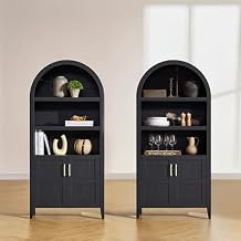 mopio Lauren 65.4" Short Arched Cabinet, 5-Tier Arched Bookcase with Doors and Shelves, Mini Arch Bookshelf with Storage, Wooden Storage Cabinet for Living Room and Kitchen Pantry Set of 2, Black