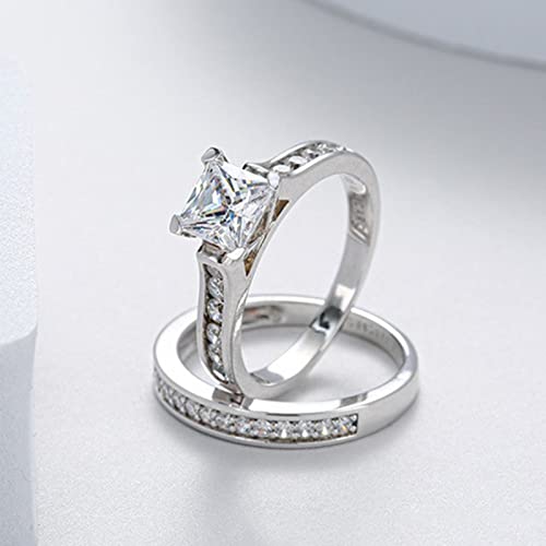 2Pcs Square Zircon Engagement Ring Set Bride Wedding Band Anniversary Ring for Women Exquisite Jewelry (Silver, 6)4