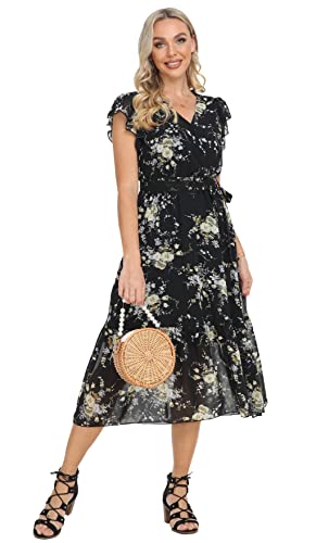 Image of VintageClothing Womens Sundress Casual Floral Summer Boho Dress | Flowy Wrap V Neck Ruffle A-Line Pleated Hem Midi Dresses