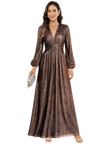 Image of Women's Formal Wedding Guest V Neck Glitter Sequins Mother of The Bride Dresses Long Sleeve