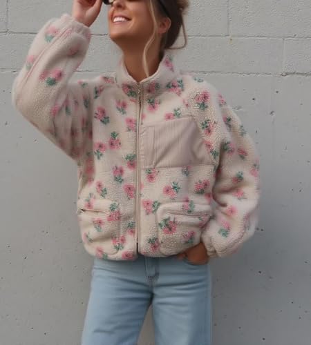 chouyatou Women's Winter Casual Spliced Floral Fleece Jacket Fall Fuzzy Oversized Faux Fur Sherpa Jacket4