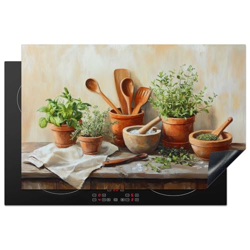 KitchenYeah Herdabdeckplatte 80x52 cm Einteilig Ceranfeld Abdeckplatte für Induktionsschutz Ceranfeldabdeckung Vinyl Herdabdeckplatten Töpfe - Kräuter - Holz
