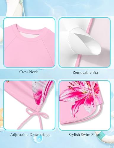 Image of AGAPENG Girls Swimsuit Two Piece Short Sleeve Rash Guard Floral Print Ruched Girls Bathing Suit UPF 50+ Swimwear for 9-16Y