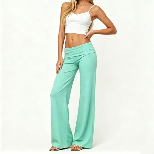 Image of Lounge Yoga Pants for Women Fold Over Low Waist Wide Leg Bell Bottoms