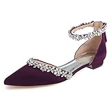 XYD Women Classic Pointed Toe D'Orsay Wedding Flat Sandals Sparkly Rhinestones Ankle Strap Low Heel Dress Shoes with Zipper (Size 8, Eggplant)