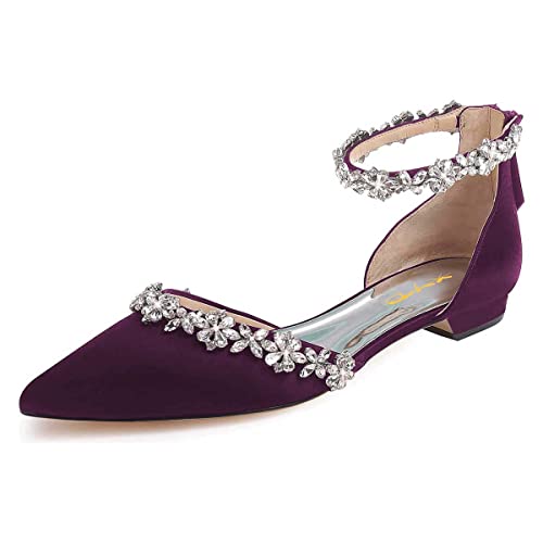 Image of XYD Women Classic Pointed Toe D'Orsay Wedding Flat Sandals Sparkly Rhinestones Ankle Strap Low Heel Dress Shoes with Zipper