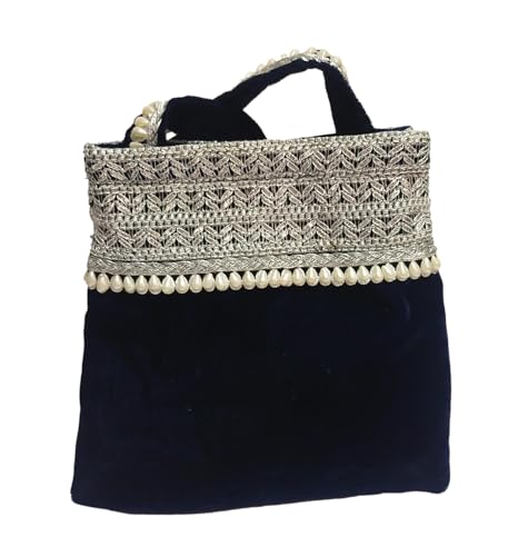 Image of athizay Blue Velvet Handbag for women potli bag which opens to a small shoulder bag for ladies with handcrafted Moti work Strap Multi purpose bag Regal and Royal look