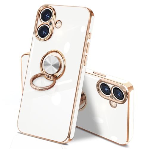 danliangqifei iPhone 16 ケース リング 耐衝撃 360°回転 スタンド機能 車載ホルダー対応 カバー アイフォン16スマホケース 携帯ケース 保護カバー レンズ保護 ストラップホール付き 6.1インチ (ホワイト)