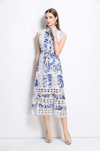 Image of LAI MENG FIVE CATS Women's Sleeveless Hollow Out Lace Button Up Casual Midi Party Dress with Belt