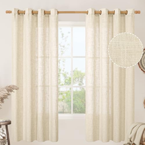 Image of LAMIT Beige 72 inch Linen Curtains 2 Panels Set for Living Room, Soft Thick Linen Semi Sheer Light Reducing Bronze Grommet Window Treatments Neutral Drapes for Bedroom, 52 x 72 Inch