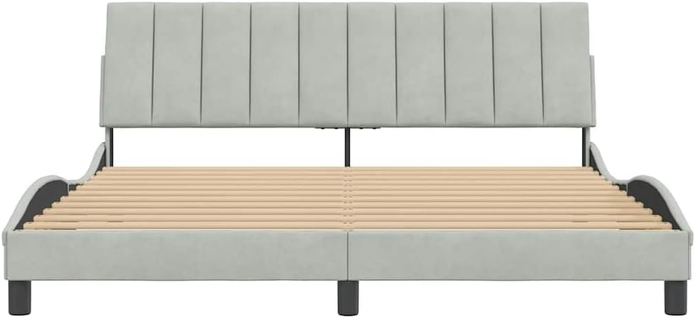 Light Grey Velvet Bed Frame with Padded Headboard, Modern Platform Foundation for Bedroom, Sturdy Heavy-Duty Slatted Design, Easy Assembly, No Box Spring Needed, Ample Storage