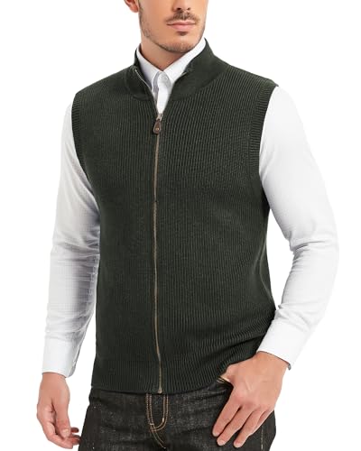 Kallspin Men's Wool Blend Sweater Cardigan Sleeveless Full Zip Cardigan Knit Classic Casual Business Vest Sweater (Green L)
