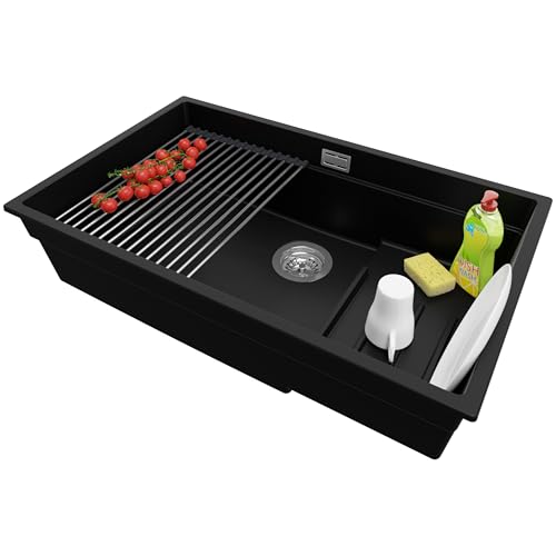 PRIMAGRAN Evier Sous Plan Noir 76x47cm, Evier en Granit 1 bac + Kit de Vidage + Égouttoir Enroulable, Évier al mueble 80cm - Prague S603