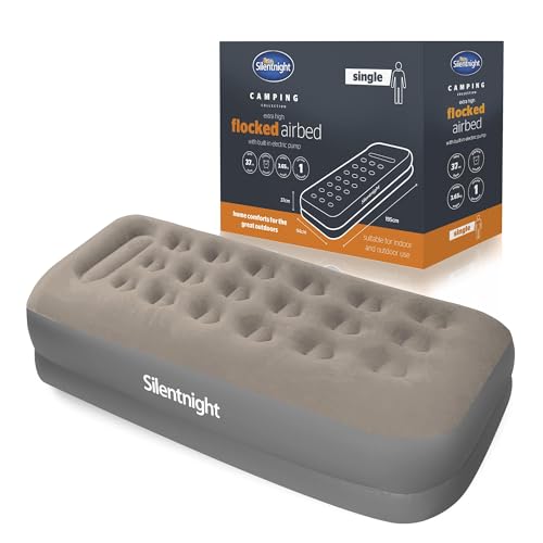 Silentnight Air Bed Single with Built in Pump - High Rise Flocked Non Slip Electric Airbed Comfortable Full Body Support Air Mattress for Guests Camping Caravans - Grey - Single