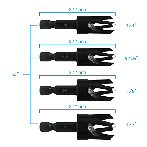 Wood Plug Cutters, 4 Pcs Straight Wood Plug Cutters & 4 Pcs Tapered Plug Cutters Set With 1/4 Hex Shank, Taper Cutting Tool Cork Drill Bit Knifes In 4 Sizes 1/4", 5/16", 3/8", And 1/2" Black #TOP1
