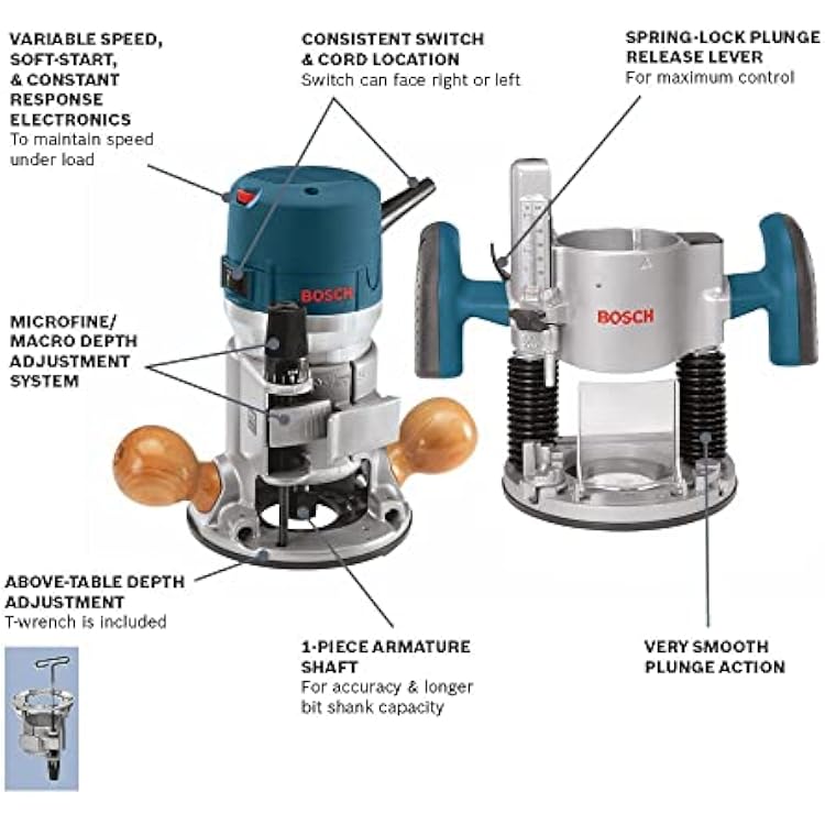 BOSCH 1617EVSPK Wood 12 Amp Router Tool Combo Kit - 2.25 Horsepower Plunge Router & Fixed Base with a Variable Speed&BOSCH 15 pc. Carbide-Tipped Wood Router Bit Set