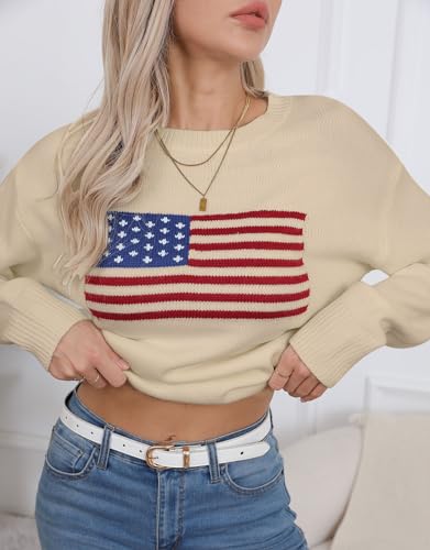 Image of Alsol Lamesa Women's American Flag Graphic Long Sleeve Pullover Sweaters Crew Neck Casual Knit Top 2024, Large, 971 Apricot