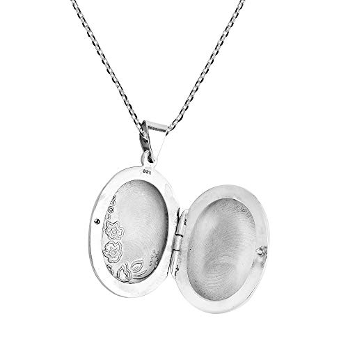 Aeravida Timeless Beauty Of A Floral Garden Engraved Flowers On Oval Shaped .925 Sterling Silver Locket Pendant Chain Necklace For Precious Keepsake And Vintage Inspired Fashion Accessories And Gifts #TOP2