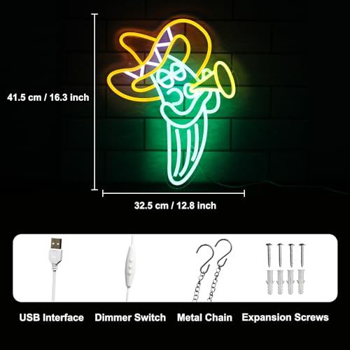 Image of Cactus Sombrero Hat Neon Sign Play Trumpet Neon Light for Bedroom Bar Decor | Dimmable Music LED Signs for Wall Decor, Cinco De Mayo Mexican Party Decor, Acrylic Celebrate Carnival Wall Sign, USB Powered