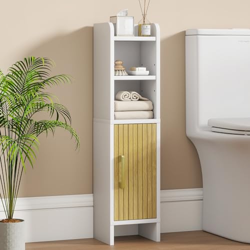 Tltaroni Bathroom Storage Cabinet, Small Corner Floor Cabinet with Fluted Door Narrow Toilet Paper Cabinet with Adjustable Shelves Wooden Slim Bathroom Organizers and Storage for Small Spaces, White