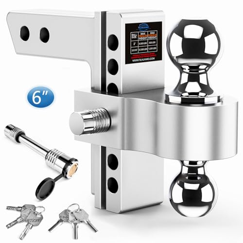 Tlvuvmo Adjustable Trailer Hitch, 6 Inch Drop Hitch Ball Mount (Fits 2-Inch Receiver), 12,500 LBS GTW, (2" & 2-5/16") Chrome Plated Steels Balls, Aluminum Tow Hitches with Two Anti-Theft Pins Locks by Tlvuvmo - Used condition - US$95.66