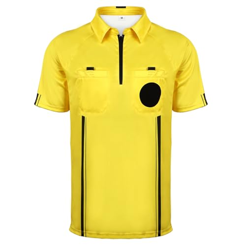 HIGHRAZON Men Referee Shirt, Yellow Soccer Referee Jersey, Men’s Official Pro Soccer Referee Shirt with Double Hidden Pockets - Short Sleeve (S)