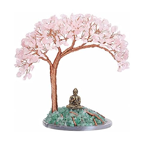 GEHECRST Feng Shui Tree Buddha Figure Tree of Life Decoration with Agate Base Healing Stone Lucky Charm Tree Tumbled Stones Lucky Tree Decoration for Wealth Happiness Health (Rose Quartz) Cover