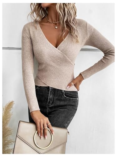 Image of BEAUDRM Women's Wrap Sweater Long Sleeve Deep V Neck Pullover Sweaters Tops Khaki Large