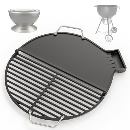 Image of SafBbcue Cast Iron Griddle & Grate for Weber 22 inch Kettle Charcoal Grill Accessories, Foldable Cooking Grate & Griddle for Cuisinart CHA-830 Cleanburn Fire Pit Cook Top, Outdoor Campfire BBQ Parts