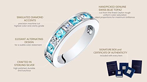 Peora Swiss Blue Topaz Half Eternity Wedding Ring Band For Women 925 Sterling Silver, Natural Gemstone Birthstone, 1 Carat Total Princess Cut, Size 5 #TOP3