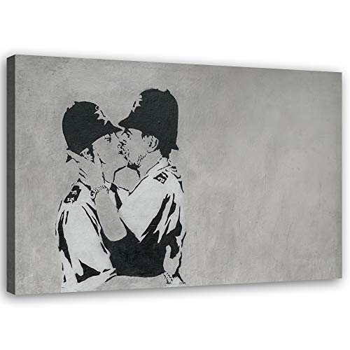 Feeby Cuadro en Lienzo Kissing Coopers Agentes de policía 30x20 cm Calidad fotografica Banksy Mural Arte Callejero Grafiti Blanco y Negro