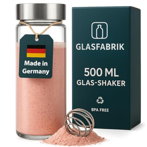 GLASFABRIK Premium Glas Shaker Proteinshake | 500 ml BPA-freie Glasflasche mit Edelstahlkugel | Nachhaltiger Protein Shaker aus Glas | Geschmacksneutral & auslaufsicher | Deutsche Markenqualität