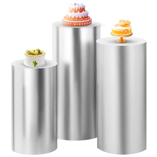 SaitiMade Set of 3 - Silver Cylinder Pedestal Stand Covers