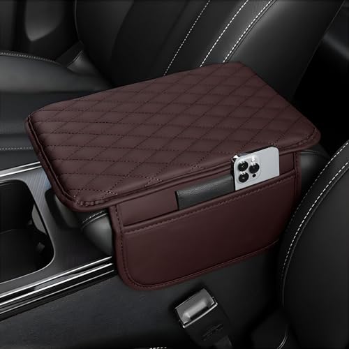 Image of SIAGO Car Armrest Cover Cushion with Storage Bags | Soft Center Console Protector Pad | Non-Slip, Waterproof & Durable | Universal Fit for Cars, SUVs & Trucks (Brown) SIA144