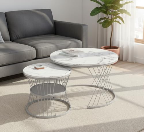 Image of The Round Coffee Table and The Stacking Tea Table with a Gold Metal Frame are Two Versatile Modern Center Tables that Look Great in Living Rooms (X Gry White)